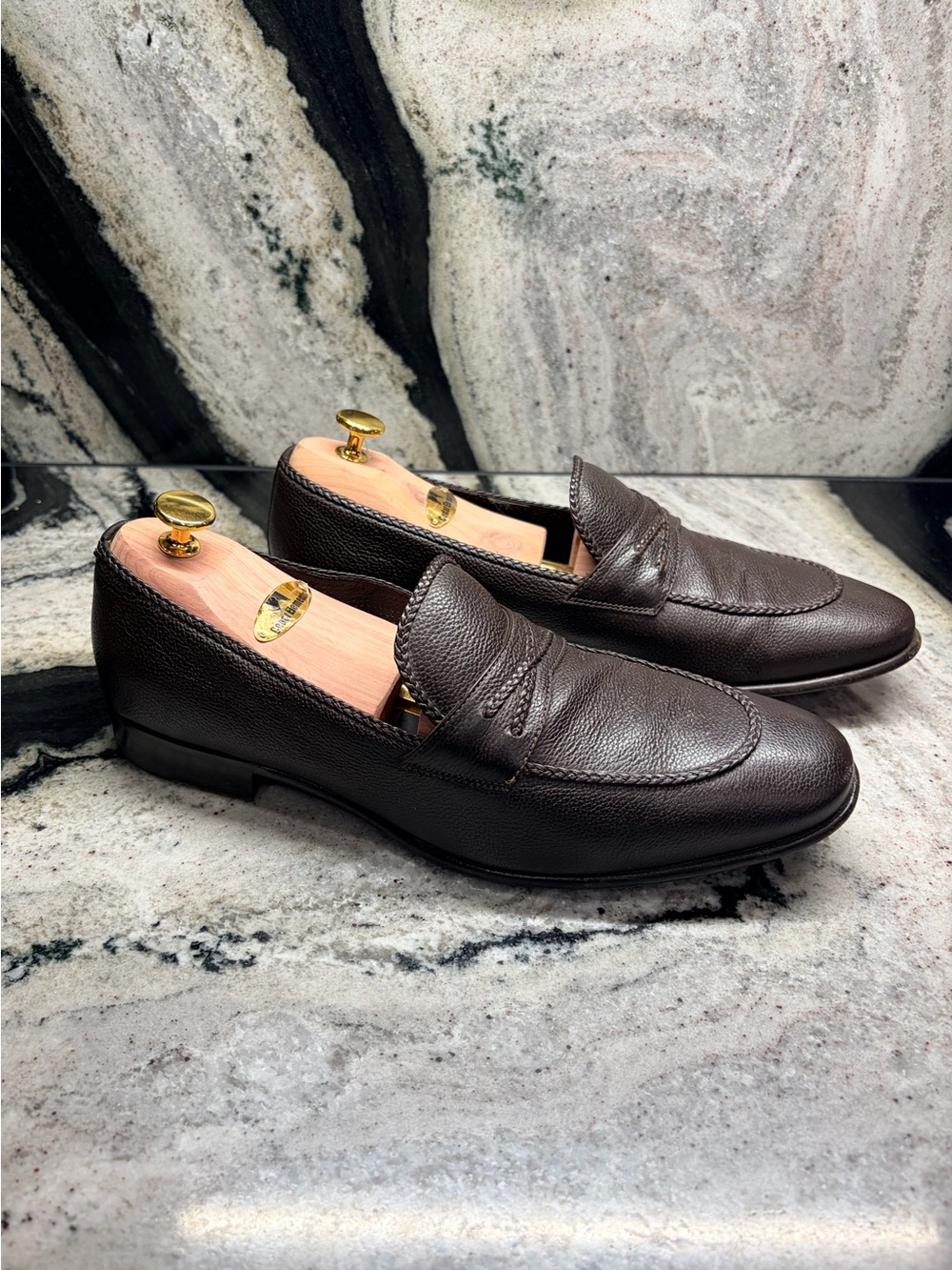 a.testoni Dark Brown Pebbled Leather Penny Loafers Men’s US 9.5 UK 8.5 Italy